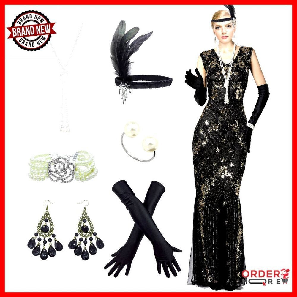 Sequin Mermaid Maxi Formal Gown with 1920s Accessories Set
